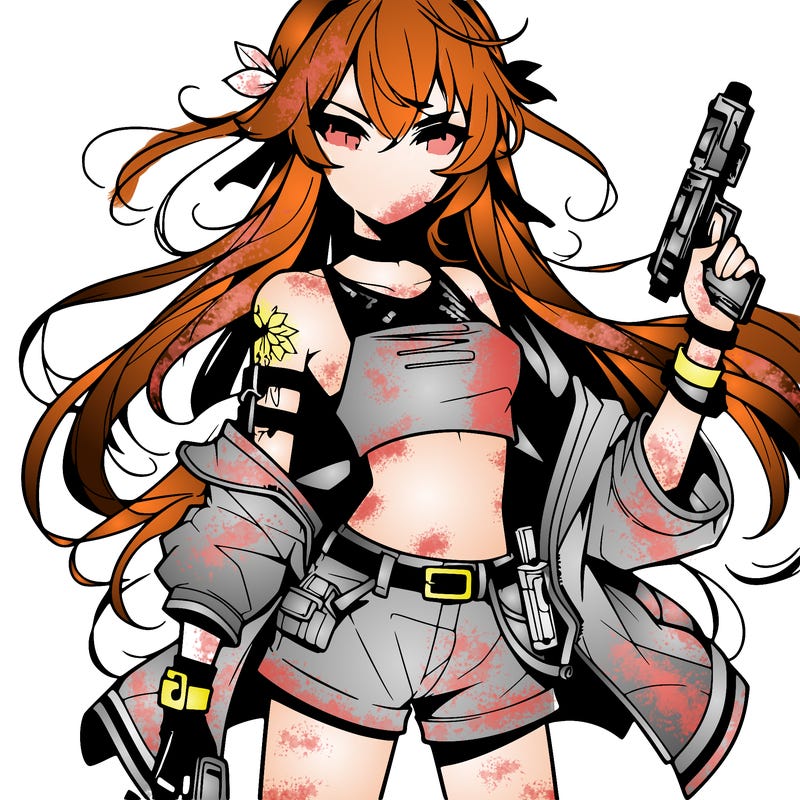 bad girl wearing crop top holding a gun long hair anime