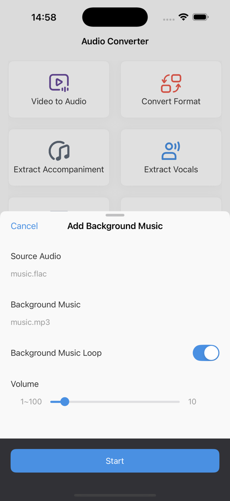 Audio Converter: Audio Editing - Interfaz de la aplicación Audio Converter que muestra la función de agregar música de fondo y controles de volumen