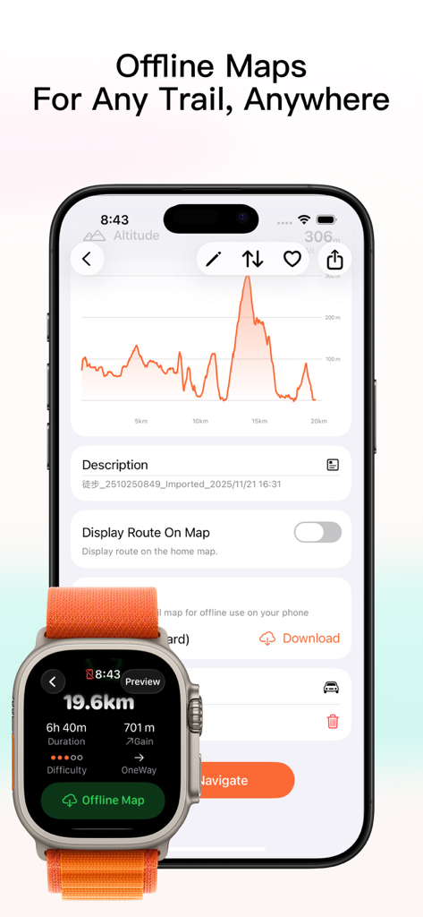 Tooboo - Hiking Trail Guides - Tooboo app interface showing elevation charts on iPhone and hiking statistics on Apple Watch Ultra with offline map capabilities