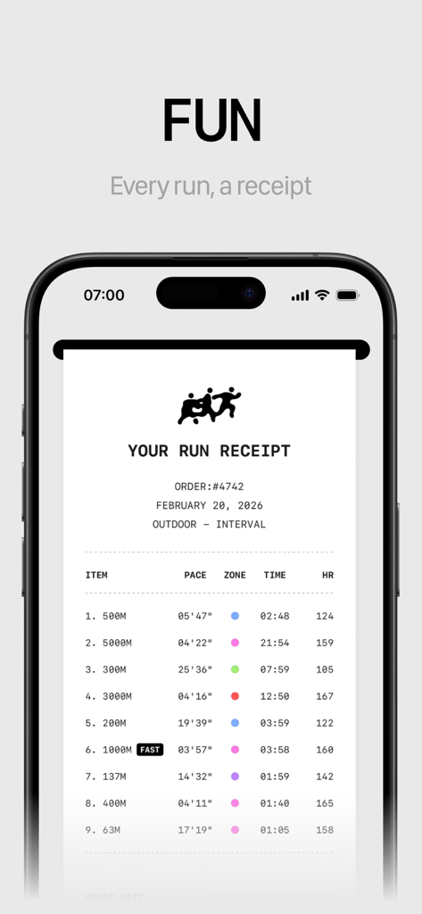 Run Receipt - A minimalist fitness app interface showing a running workout summary styled as a digital shopping receipt