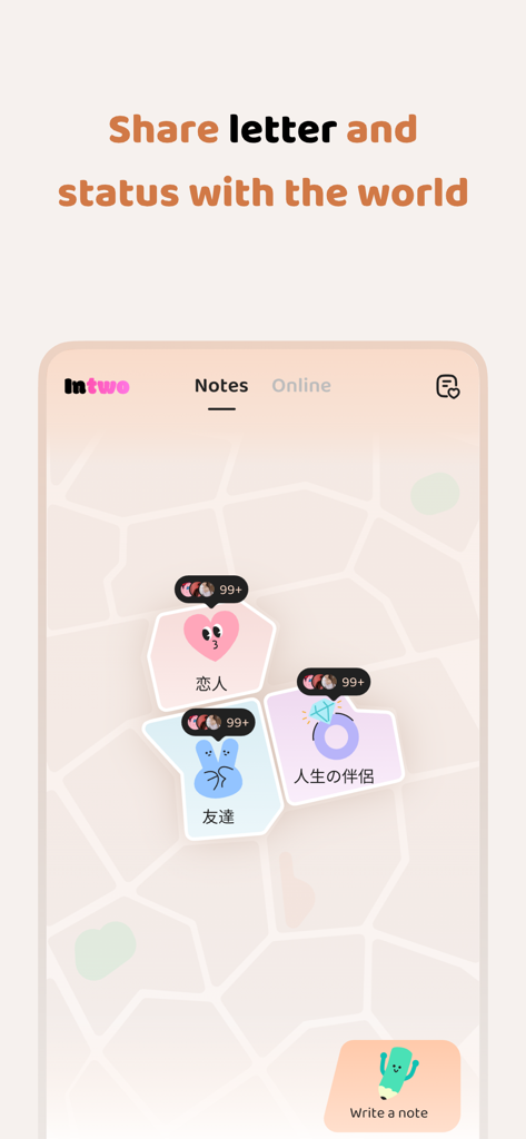 Ein Screenshot der Intwo-App, der die Notizen-Funktion zum globalen Teilen von Briefen und Status-Updates zeigt.