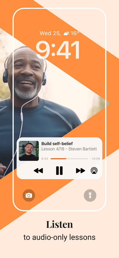 A man jogging while listening to a BBC Maestro audio lesson by Steven Bartlett on his phone lock screen