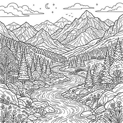Journey into a breathtaking mountain river landscape with this minimalist line art coloring page. Discover a full scene filled with towering peaks, winding rivers, and peaceful forests, ready for your creative touch.