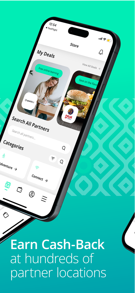 Lifestyle Rewards - Lifestyle Rewards app interface showing store deals and a search bar for partner locations with earn cash back text