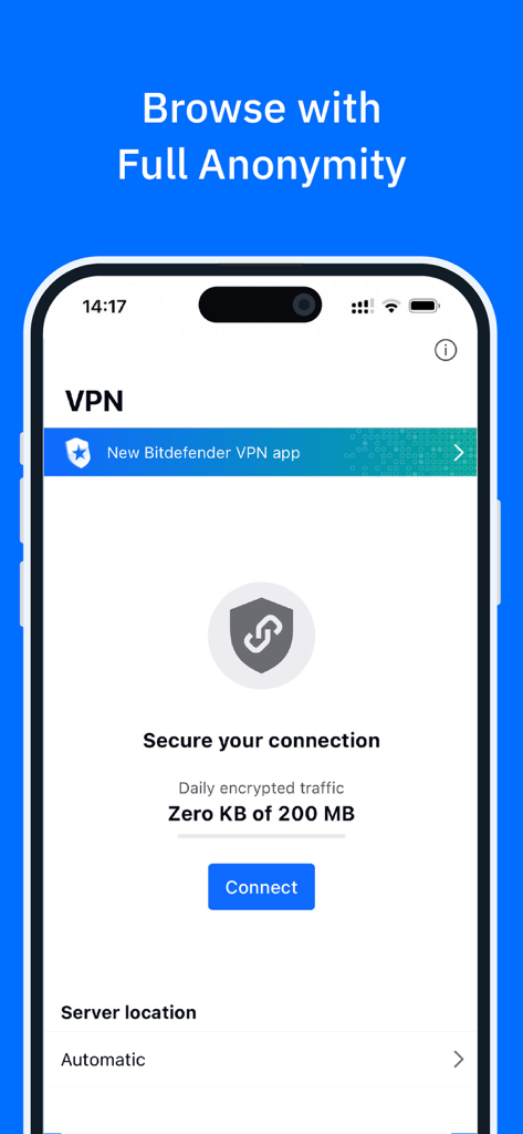 Bitdefender Mobile Security - Bitdefenderモバイルセキュリティアプリのインターフェース。完全な匿名性でブラウジングするためのVPN接続画面が表示されています。