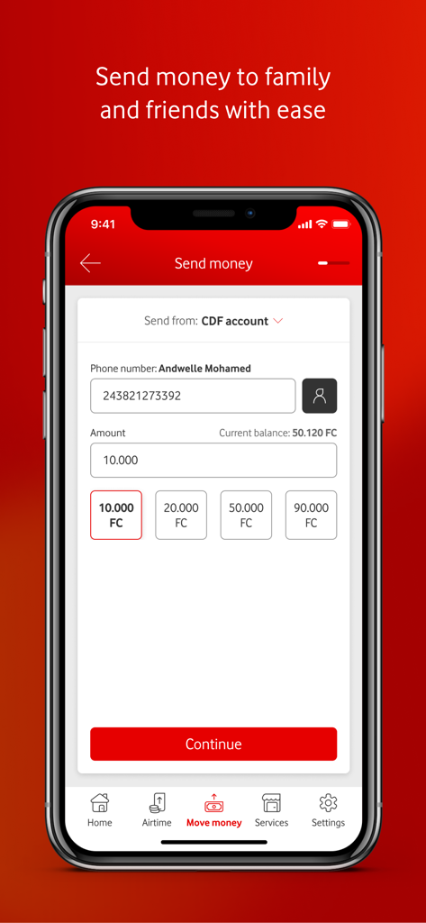 M-Pesa DRC - Screenshot of the M-Pesa DRC app showing the interface to send money in Congolese Francs