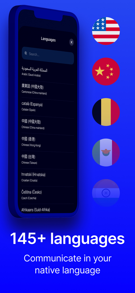 Live Transcribe - A smartphone showing the language selection menu in the Live Transcribe app with a list of global languages and national flag icons.