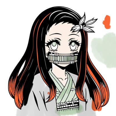 nezuko anime girl with bamboo muzzle and black hair with dyed ends