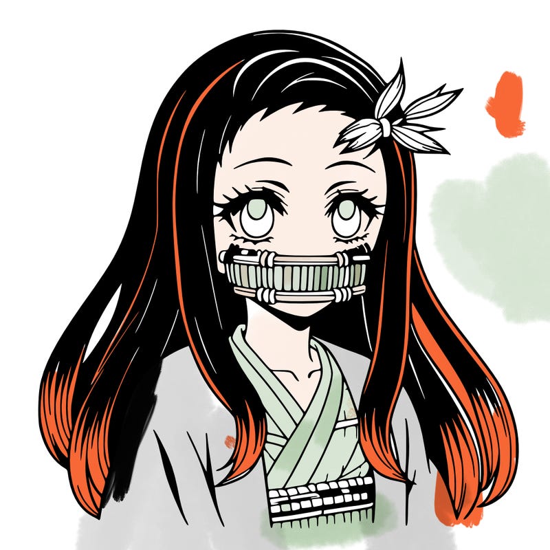 nezuko anime girl with bamboo muzzle and black hair with dyed ends