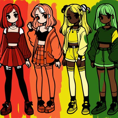 one girl with crop-top shirt and a jacket with a skirt, long socks and another girl with a shirt and pants with a jacket