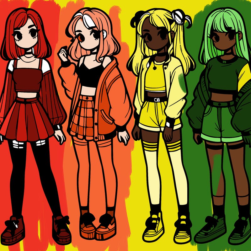 one girl with crop-top shirt and a jacket with a skirt, long socks and another girl with a shirt and pants with a jacket