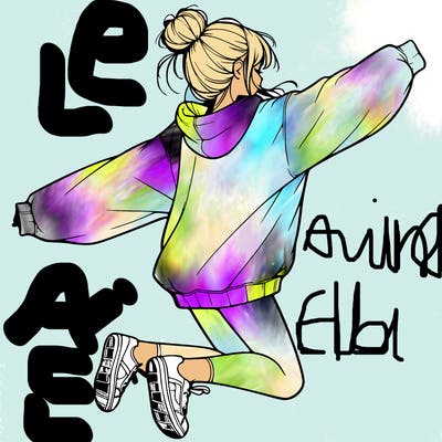 realistic girl jumping with a bun and oversized sweatshirt