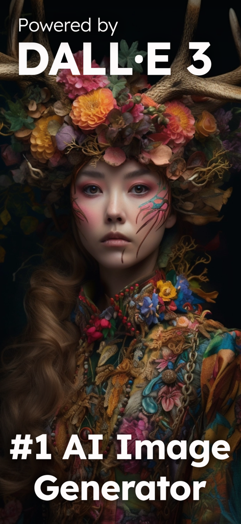 Artistic AI-generated portrait of a woman wearing a crown of flowers and antlers powered by DALL-E 3