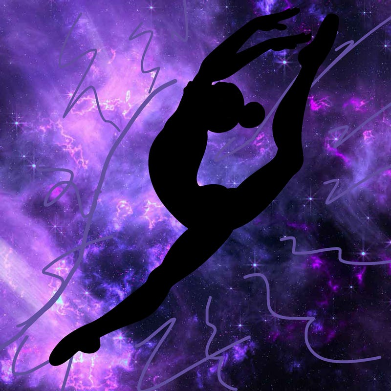 gymnast doing a leap in a leotard with a bent back leg