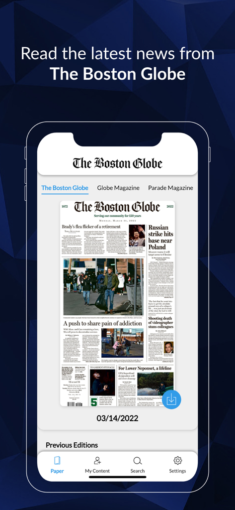 The Boston Globe ePaper - A smartphone showing the digital front page replica of The Boston Globe in the ePaper app.