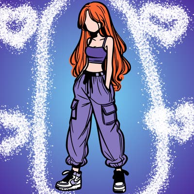 girl in baggy pants crop top and long hair