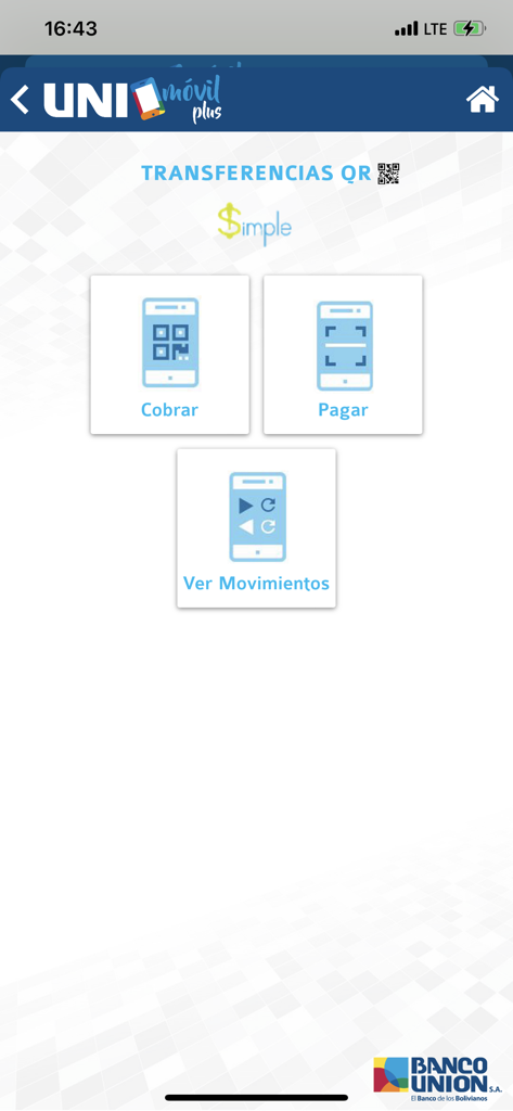 Pantalla de la aplicación UNImovil Plus que muestra opciones de transferencia QR para cobrar y pagar con Simple