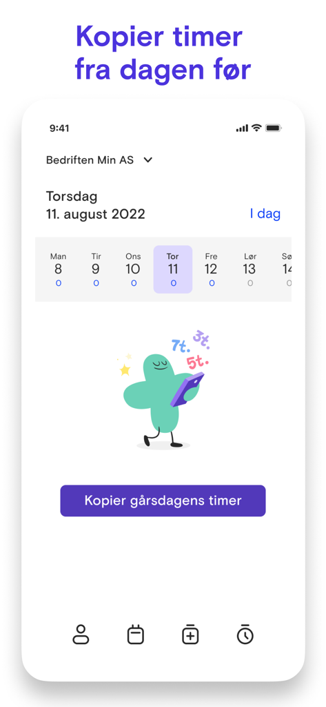 Interface of the Fiken Timeføring app showing a feature to copy logged hours from the previous day