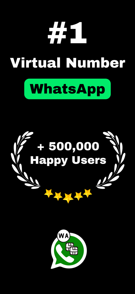 Virtual Phone Number :VCode - VCode App-Screenshot, der die virtuelle Telefonnummer eins für WhatsApp mit fünfhunderttausend glücklichen Nutzern und einer Fünf-Sterne-Bewertung zeigt