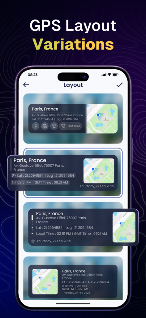 GPS Map Camera - Geotag Photos - Interface de l'application montrant diverses mises en page de timbres photo GPS avec des cartes et des adresses