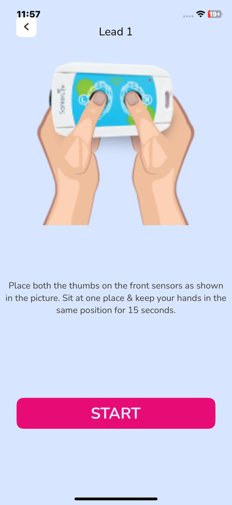 Sanket Life-ECG,Stress,Fitness - Instructions on the Sanket Life app screen showing how to hold the device with thumbs on sensors for a heart health recording