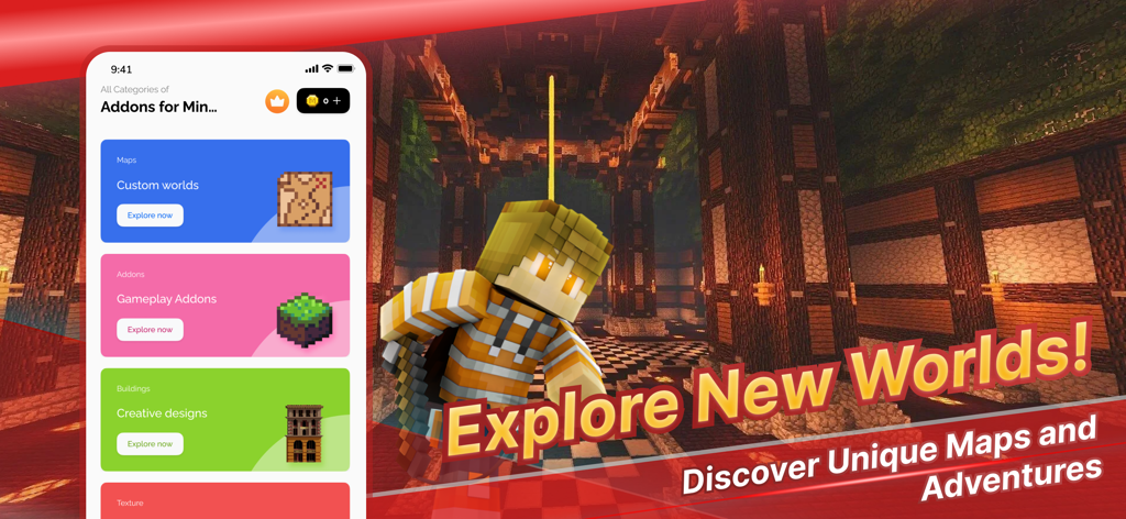 Mods for Minecraft PE: MCPE - Minecraft PE mods app interface with categories for maps and addons and a character in a virtual world