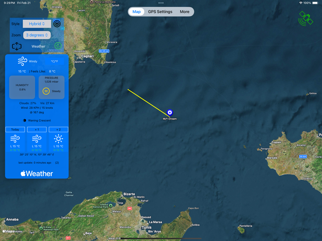 Ship Location - Position du yacht sur une carte hybride nautique avec informations météorologiques