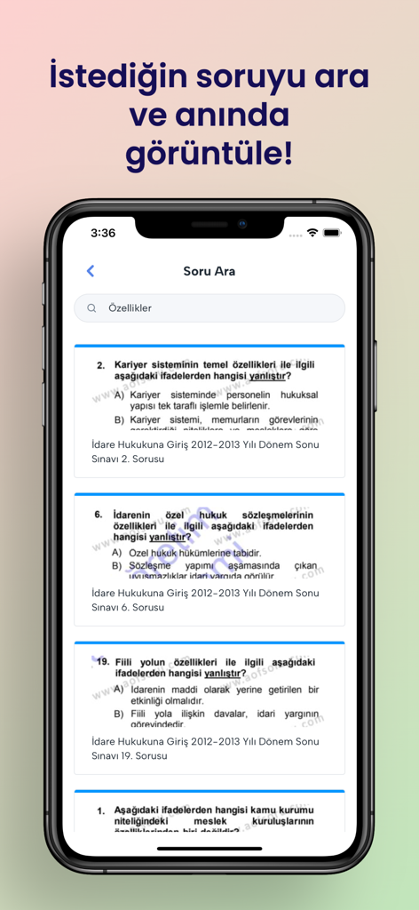 AÖF Soru - A mobile interface of the AOF Soru app showing a search bar and a list of past university exam questions in Turkish