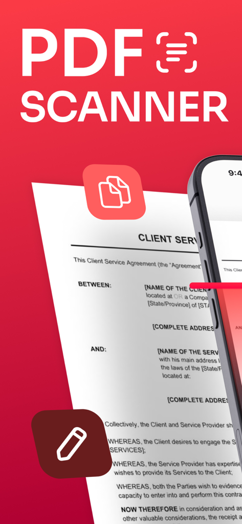 PDF Scanner. Scan Document - Interface do aplicativo PDF Scanner mostrando um contrato de serviço ao cliente digitalizado com um ícone de assinatura digital