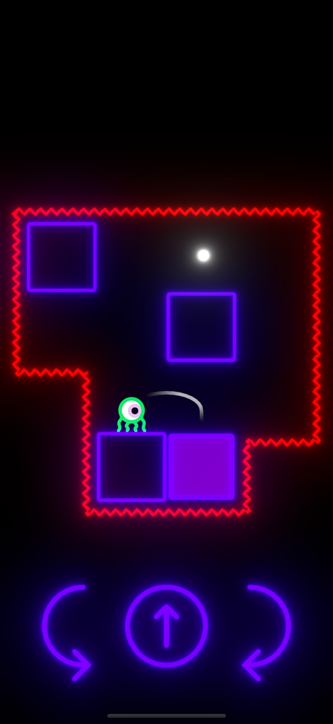 Orbie is Lost in Space - A neon puzzle level in Orbie is Lost in Space featuring a small green alien on purple platforms with on screen gravity controls