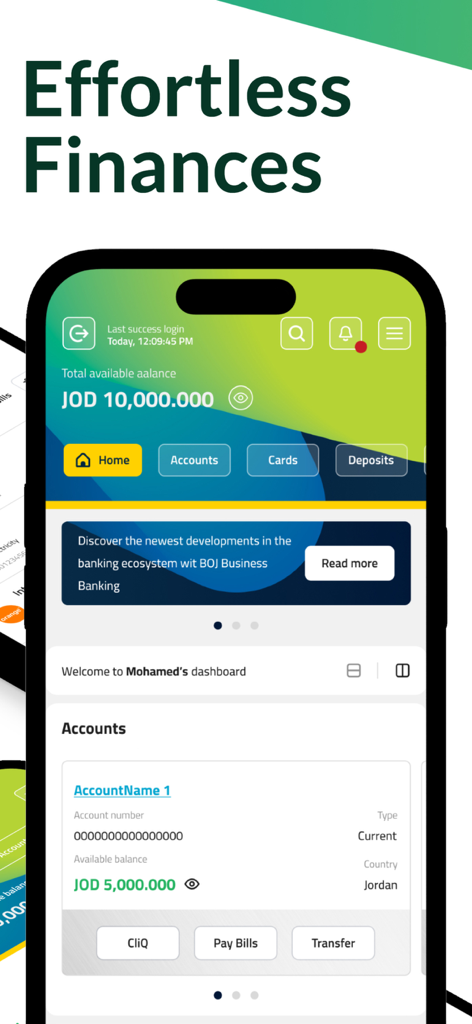 BOJ Mobile - بنك الأردن - BOJ Mobile app dashboard showing total balance in Jordanian Dinars and account management features