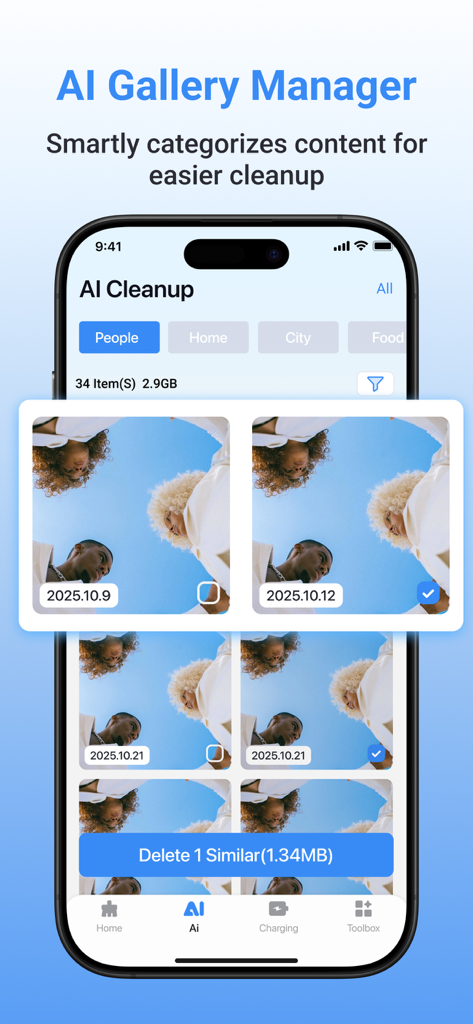SmartClean AI：Auto Cleanup - SmartClean AI app interface showing similar photo detection and categorization for easier gallery cleanup