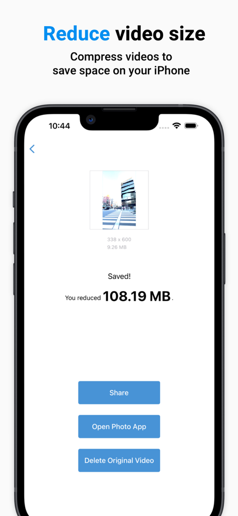 Resize Video Compressor App - Interface of the Resize Video Compressor app showing a video successfully reduced by over 100 megabytes to save storage space.