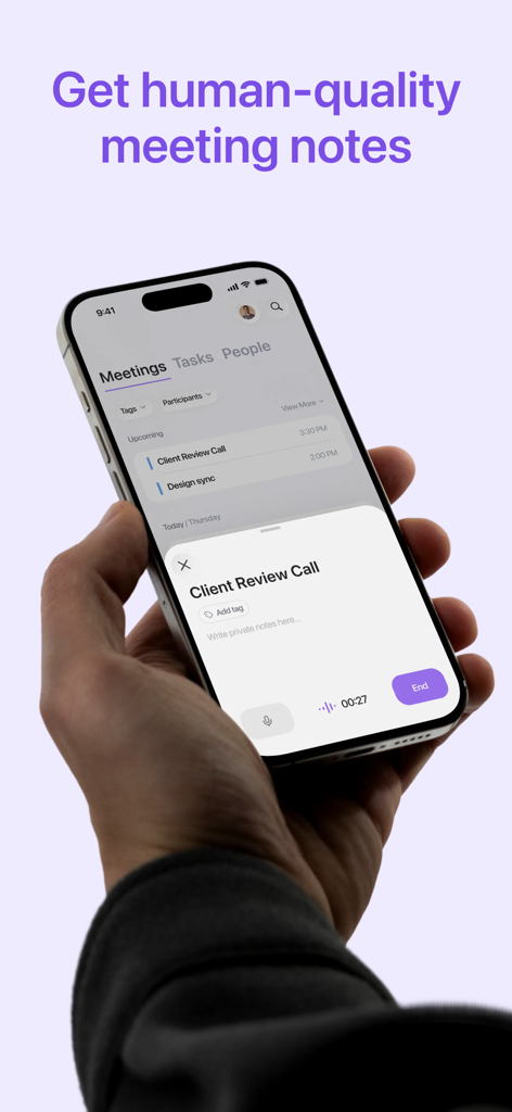 Hand holding an iPhone showing the Jamie AI app recording a meeting to generate human quality notes