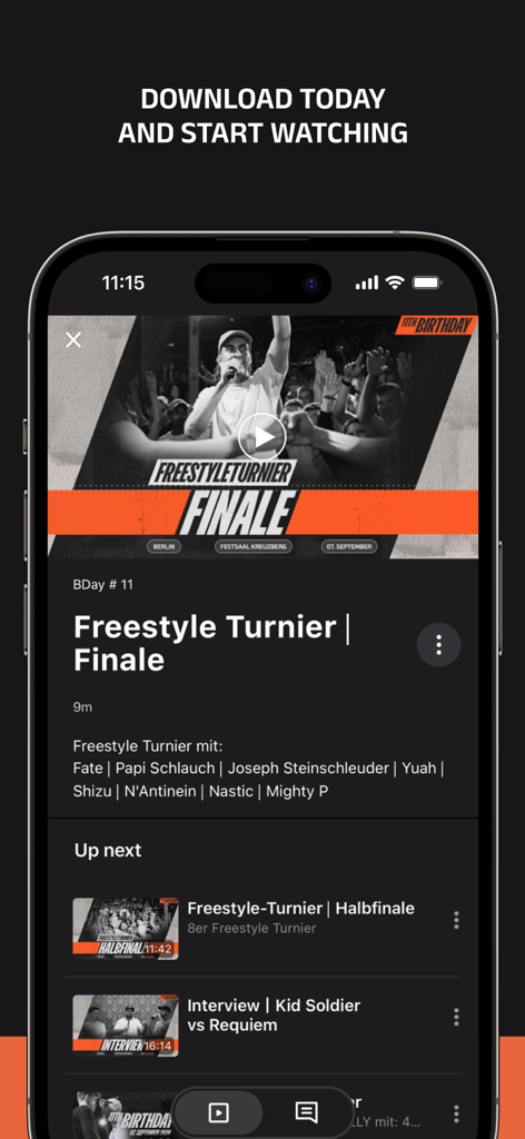 battle(r)app - Smartphone-Bildschirm mit der battle(r)app-Videoplayer-Oberfläche, einem Freestyle-Battle-Rap-Finale und einer Wiedergabeliste mit kommenden Videos