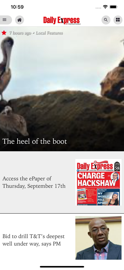 Trinidad Express Newspapers - Trinidad Express News app interface displaying current headlines and ePaper edition