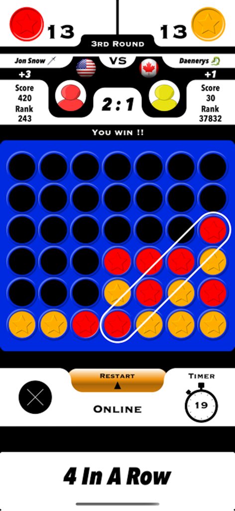 4 In A Row online multiplayer match victory screen with four red tokens aligned diagonally