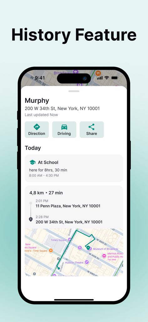 Fime: Phone Tracker GPS Locate - Screenshot of Fime app showing the location history feature with a movement timeline and map route in New York