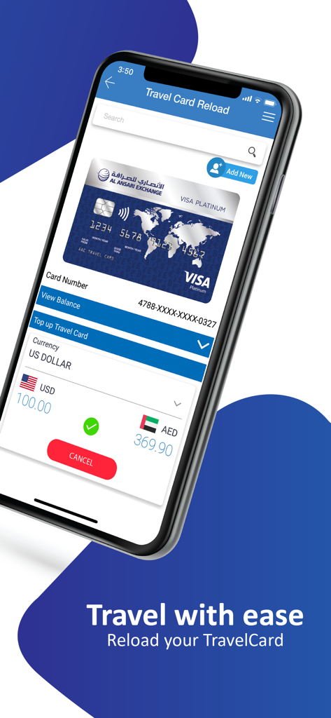 Bildschirm der Al Ansari Exchange-App zum Aufladen einer Reisekarte mit Währungsumrechnung von USD in AED