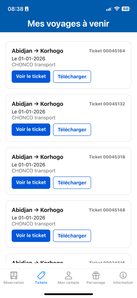 Transap - Lista de próximas passagens de ônibus de Abidjan para Korhogo no aplicativo Transap