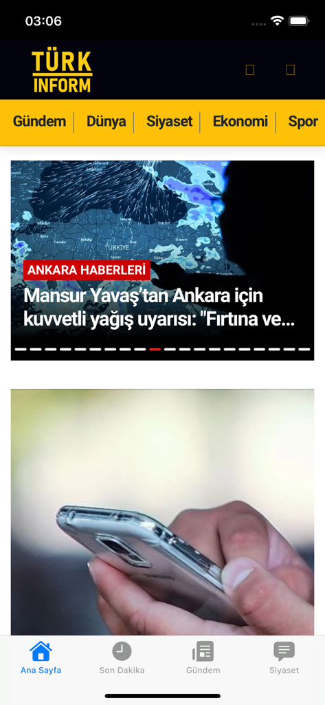 TURKINFORM - TURKINFORM news app interface showing Turkish news categories and articles