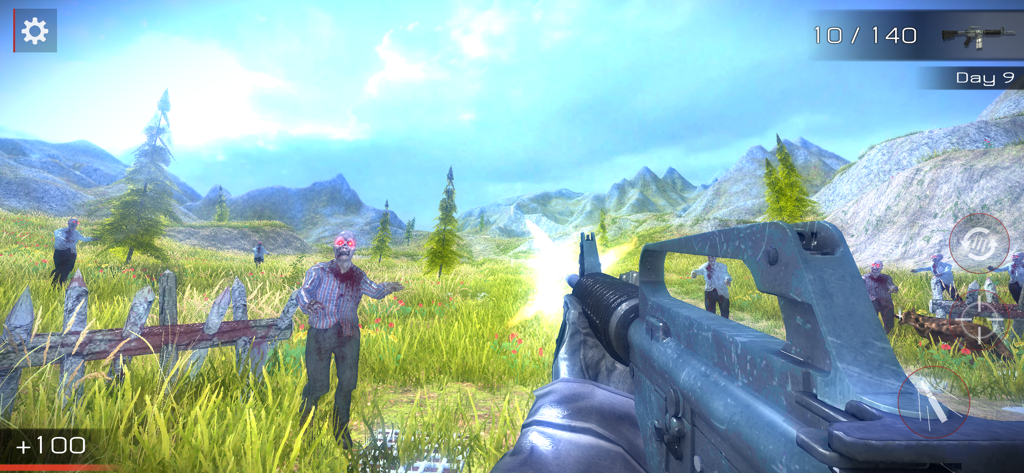 A first person shooter screen from Zombie Invasion Survival showing a player defending against approaching zombies.