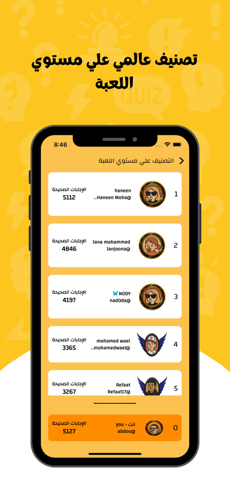 Global leaderboard screen in Arabic showing top players and scores in the Who Buzzed trivia app.