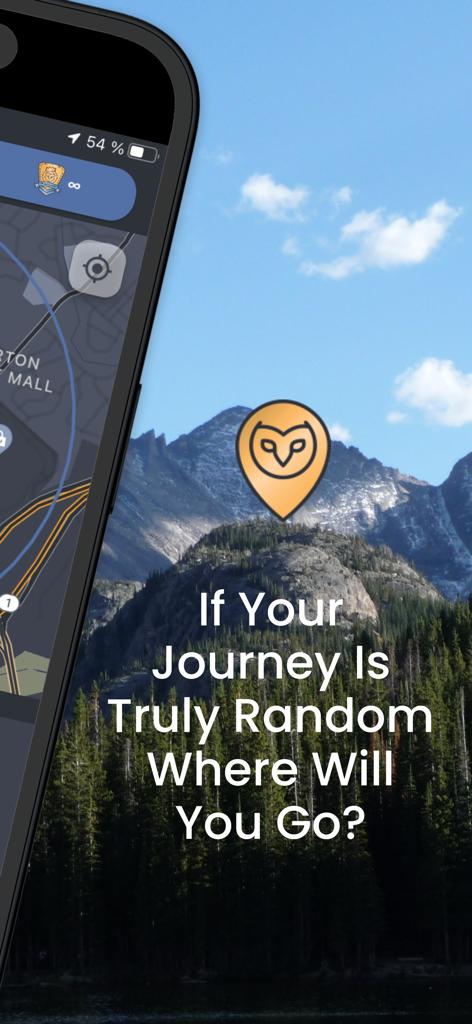 Écran de l'application Randonautica montrant un paysage de montagne avec une invite concernant le début d'un voyage véritablement aléatoire