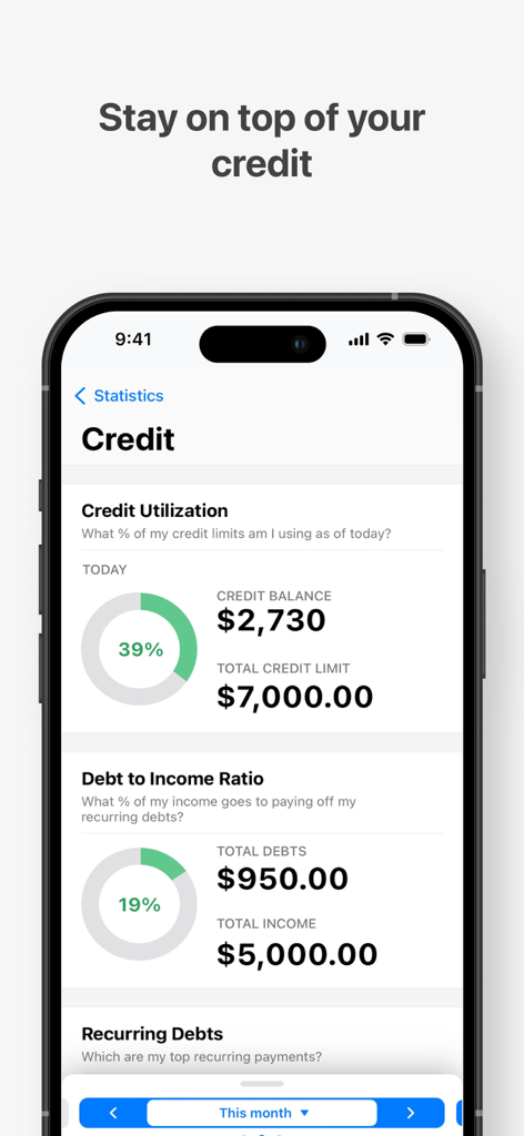 Wallet app dashboard showing credit utilization and debt to income ratio statistics