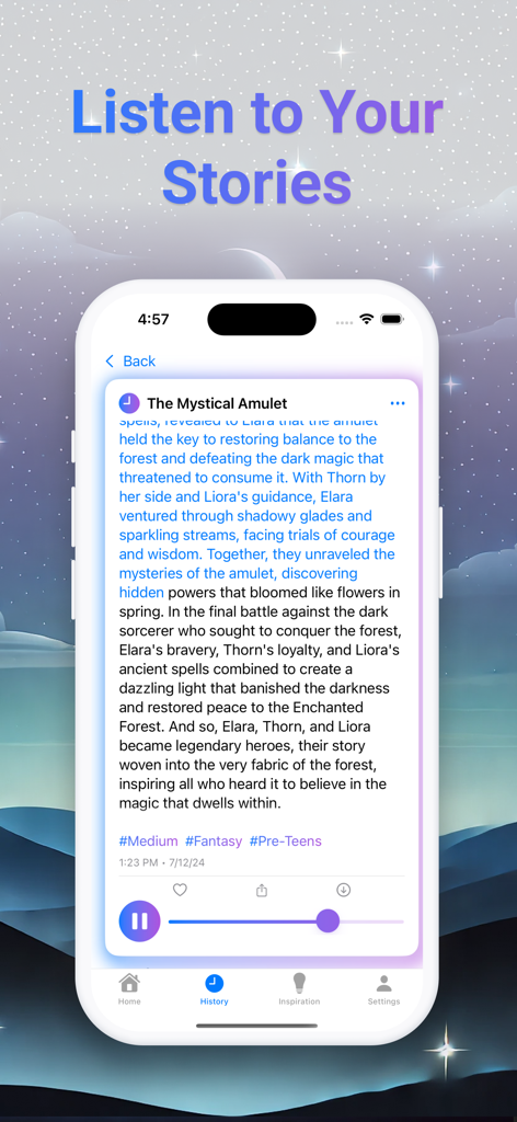 AI Story Generator: AI Writer - Mobile app interface showing a fantasy story titled The Mystical Amulet with an integrated audio player for listening to the narration.