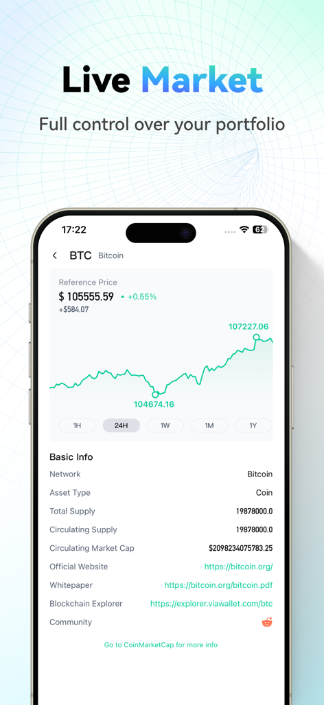 CoinEx Wallet - Crypto & DeFi - Interfaz de la aplicación CoinEx Wallet mostrando un gráfico de precios de Bitcoin en vivo e información de activos para BTC.