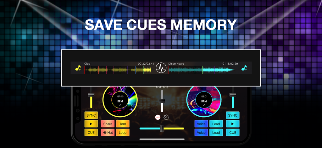 Interfaz de DJ Mixer Studio Pro mostrando tocadiscos virtuales y pantalla de forma de onda con función de memoria de cue