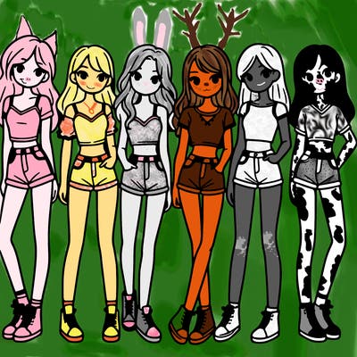 a group of girls wearing crop tops and shorts