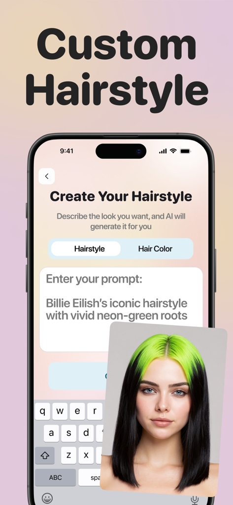 AI Hair Styles: Try On Haircut - AI Hair Styles app screen showing a user prompt for a Billie Eilish hairstyle with an AI generated preview image of neon green roots.